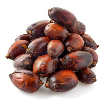 Close up of a group of attalea phalerata fruit, also known as urucuri palm, arranged in a pile, isolated on a white background