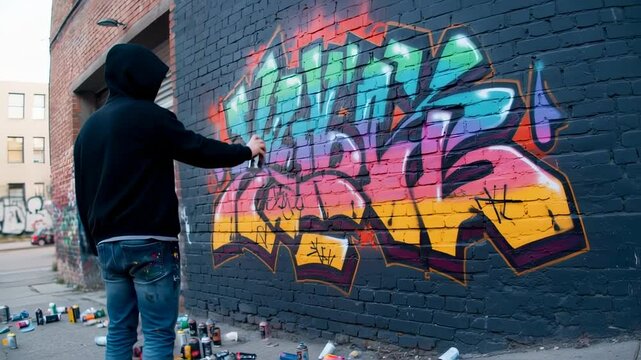Man Spraying Graffiti on Brick Wall: Capturing Urban Art in Action footage
