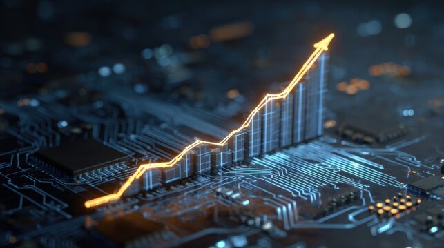 3Drendered ascending graph overlaid on a circuit board pattern embodying the concept of profitability driven by advancements in digital technology and data insights. - Powered by Adobe