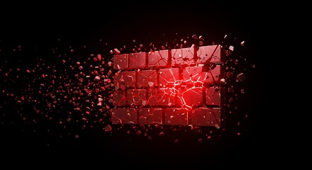 Shattered Red Brick Wall Abstract Destruction Art. (AI Generated)