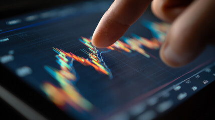 Finger pointing at stock chart on tablet