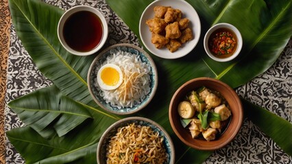 Flatlay of traditional Indonesian healthy breakfast: bubur ayam, tempe goreng, herbal tea, and banana leaf decoration. 