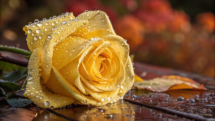 Yellow rose covered in water droplets on wooden surface