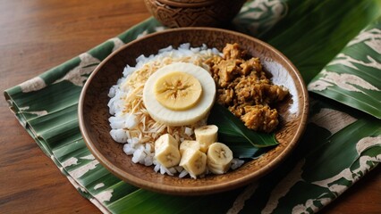 Flatlay of traditional Indonesian healthy breakfast: bubur ayam, tempe goreng, herbal tea, and banana leaf decoration. 