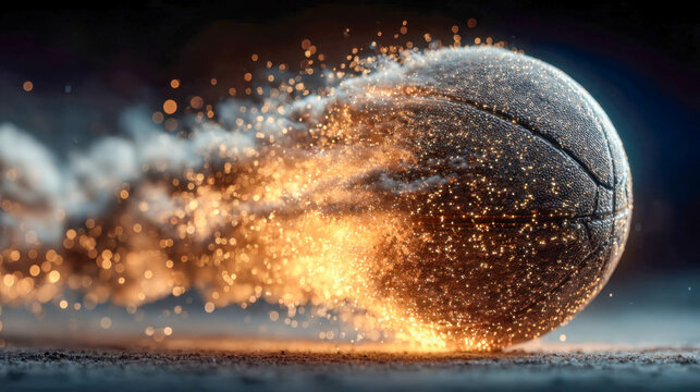 Powerful close-up of a hand gripping a basketball surrounded by dynamic fiery energy and glowing particles