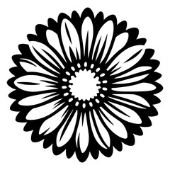 Minimal black and white icon of calendula flower, isolated medicinal herb illustration for herbal product packaging, natural cosmetics, and botanical branding