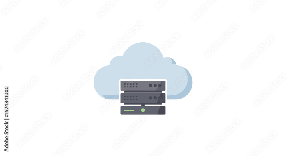 Poster illustration of cloud computing with server stack in front of cloud