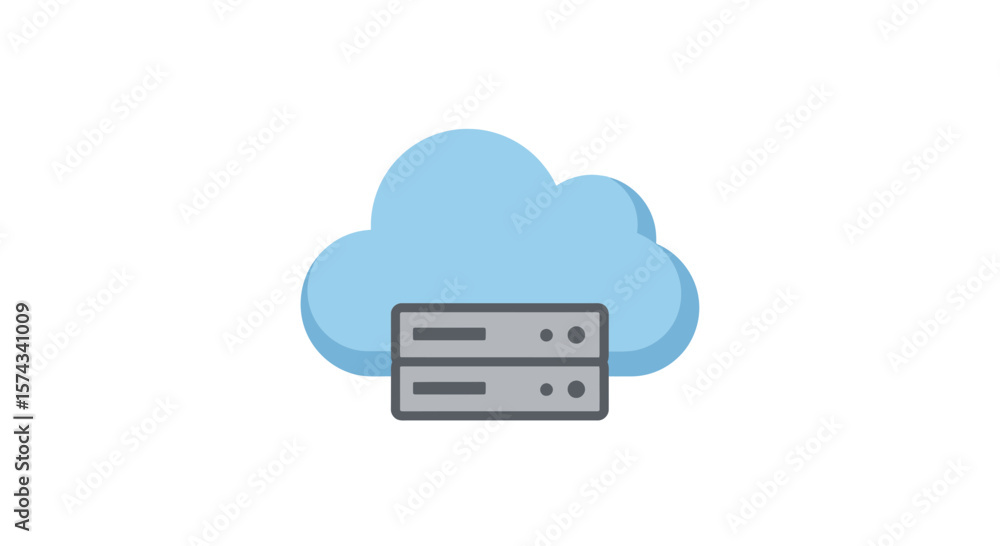 Poster illustration of a cloud with a server icon in front of it in gray
