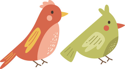 Cute Red Green Birds Childish Vector Illustration