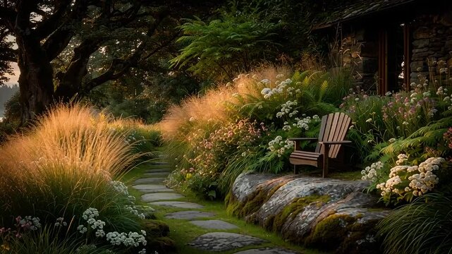 Tranquil Garden Pathway with Adirondack Chair in Lush Greenery at Sunset