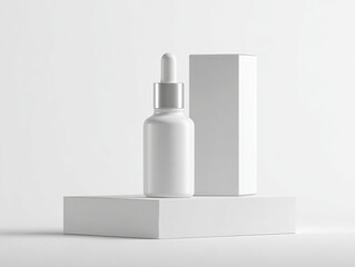 Realistic serum bottle with dropper, placed next to blank box on clean, minimalistic surface. design emphasizes simplicity and elegance, perfect for showcasing skincare products