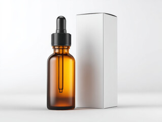 Fototapeta premium Realistic serum bottle with dropper, featuring sleek amber design, stands next to plain white box. image conveys sense of elegance and simplicity, perfect for skincare products