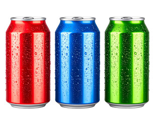 Three Vibrant Soda Cans with Fresh Condensation Drops, Isolated on Transparent Background PNG