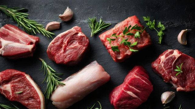 Raw Meat Delights: An enticing array of raw meat cuts, artfully arranged with fresh rosemary and garlic, offers a captivating showcase of culinary possibilities.
