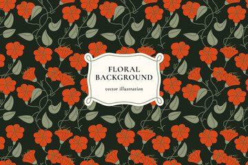 Vintage card with red bells flowers. Floral wreath. Decorative flowers background with label designs. Seamless pattern