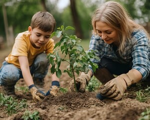 child and adults planting sapling together. sustainability, teamwork, and environmental care