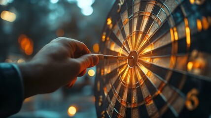 businessman aiming dart at target board. focus, confidence, and strategic goal setting