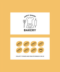 Design template of bakery shop loyalty card. Discount coupon for collection stamps. Loyalty card for cafeteria or cafe