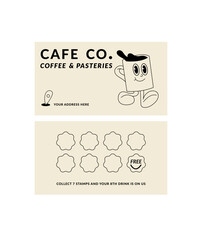 Design template of coffee shop loyalty card. Discount coupon for collection stamps. Loyalty card for cafeteria or cafe