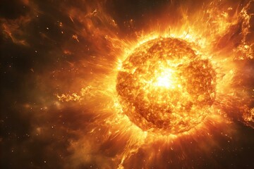 close-up of fiery sun with solar flares. solar surface with energy bursts 