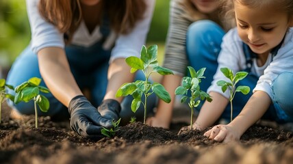 children and adults planting sapling together. sustainability, teamwork, and environmental care