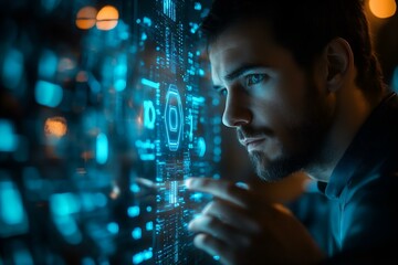 businessman using futuristic hologram interface, stock market data display with glowing blue light and lens flare.