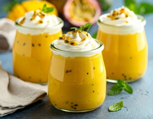 Mango mousse in small glass jars topped with whipped cream and passion fruit seeds.