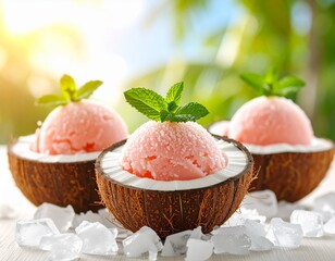 Fruit sorbet in coconut shells with mint leaves and crushed ice on a sunny background