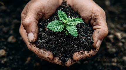 Hands holding small plant with rich soil