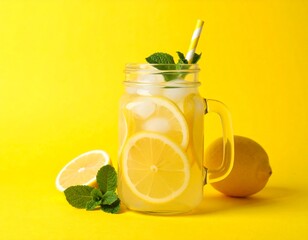 Lemonade with ice cubes, lemon slices, and mint in a mason jar against a bright yellow backdrop.