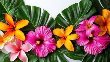 A vibrant arrangement of tropical flowers including pink hibiscus and orange plumeria resting on large green leaves against a white background.
