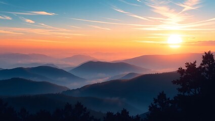 Obraz premium Serene mountain range bathed in the warm glow of a vibrant sunrise