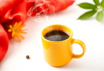Steaming decaf coffee in a yellow mug on white background, product, fresh