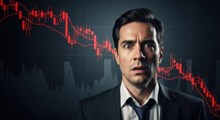 Stressed man with wide eyes, overlaid with a rapidly falling red stock market chart, symbolizing financial crisis, market crash, and economic panic.
