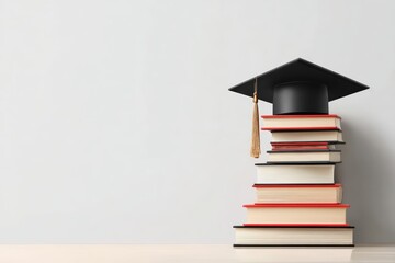A stack of books topped with a black graduation cap symbolizing education, learning, and academic achievement.