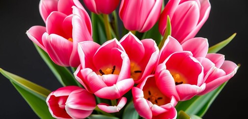 Fototapeta premium Elegant bouquet of fresh pink tulips, white-edged petals Spring blooms, gift, garden
