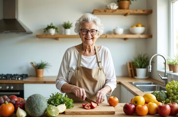 Elderly Man Preparing Healthy Meal – Fresh Vegetable Prep in Sunlit Modern Kitchen