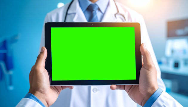 Doctor holding digital tablet with green screen in hospital setting for medical app or consultation display