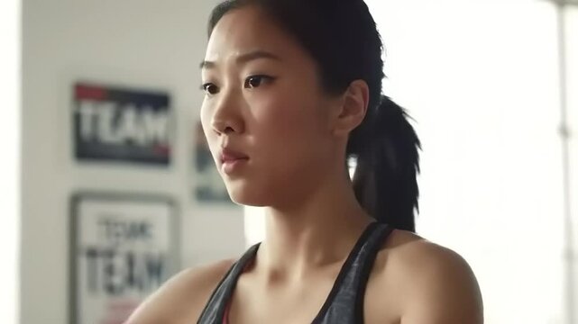 Young woman exercising indoors, focused on her workout, with motivational posters in the background