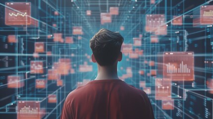 big data analysis concept, man surrounded by floating graphs and charts, AI elements