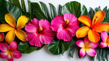 Bright tropical flowers including hibiscus and plumeria are arranged on large green leaves, creating a vibrant, colorful, and lush floral display.