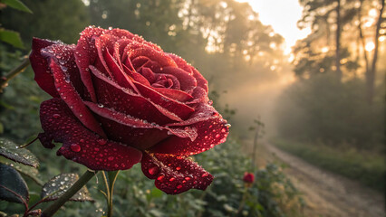 Red rose with water droplets in misty forest sunrise