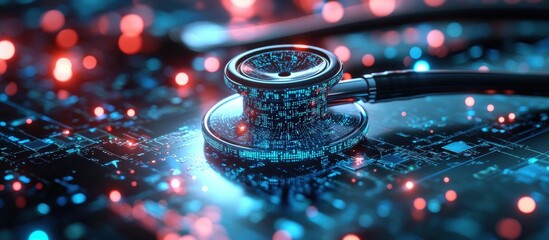 A stethoscope rests on a glowing digital circuit board, symbolizing the fusion of healthcare and technology.