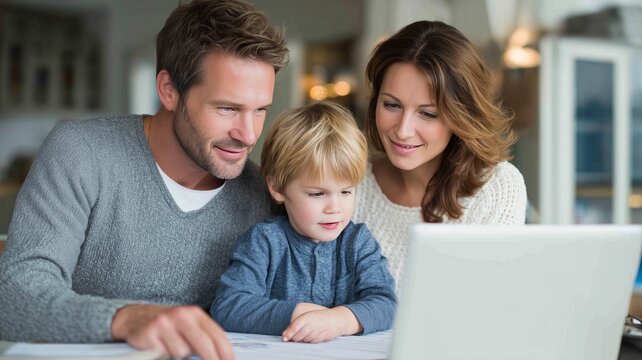 Family reviewing finances together by laptop in cozy home environment while discussing loan options