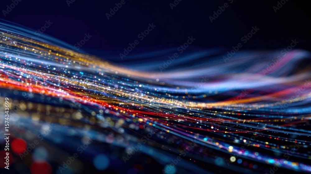 Poster a mesmerizing array of colorful light trails against a navy backdrop evokes a sense of motion and sp