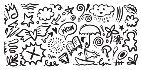 Cute kid scribble doodle icons set. Hand drawn childish funny simple vector illustrations. Flower, heart, cloud, umbrella, crown and other