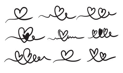 Heart line art and  heart swirl set, hand drawn love symbols isolated on white background.