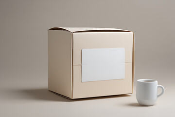 Square Box with Label and Mug Product Packaging Branding Mockup