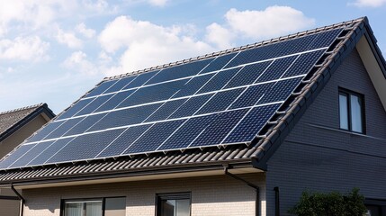 Residential solar system array covering entire roof surface of modern home with clean architectural lines against bright blue sky ground level shot