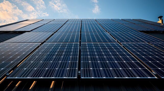 Residential solar systems blue photovoltaic panels installed on orange clay tile roof of modern house